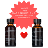 Two bottles of R.D. Alchemy libido support extracts with a promotional starburst and heart on a white background.